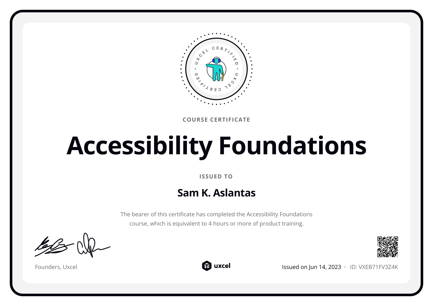 Sam K. Aslantas's certificate